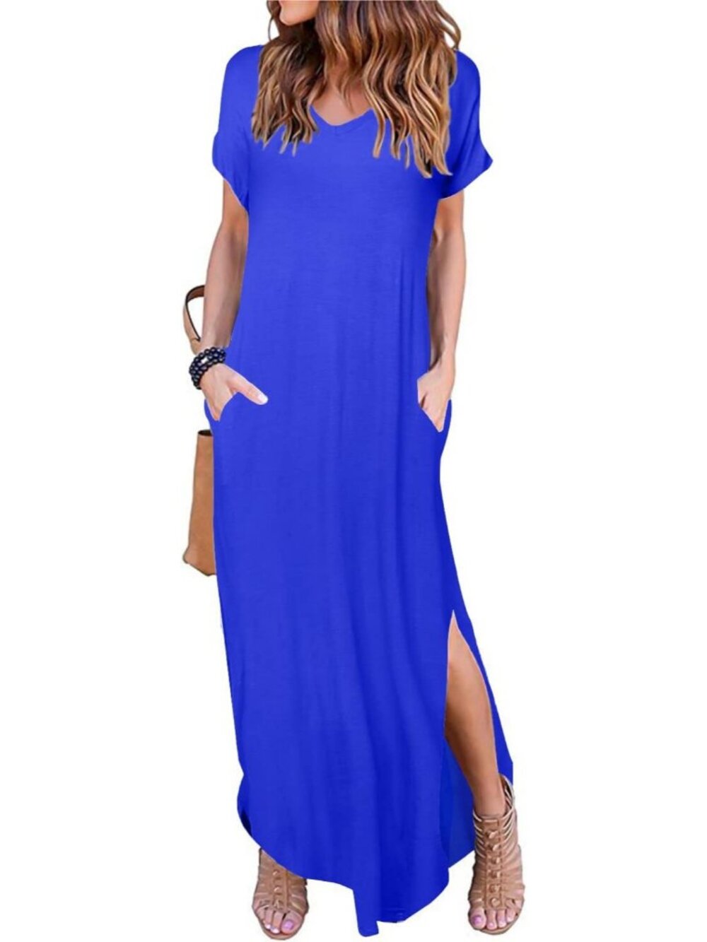 Women's Blue Summer Maxi Long Dress Casual Loose Short Sleeve Split Pockets